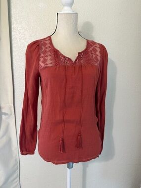 Maurices Rust Long-Sleeve Peasant Blouse with Lace Yoke